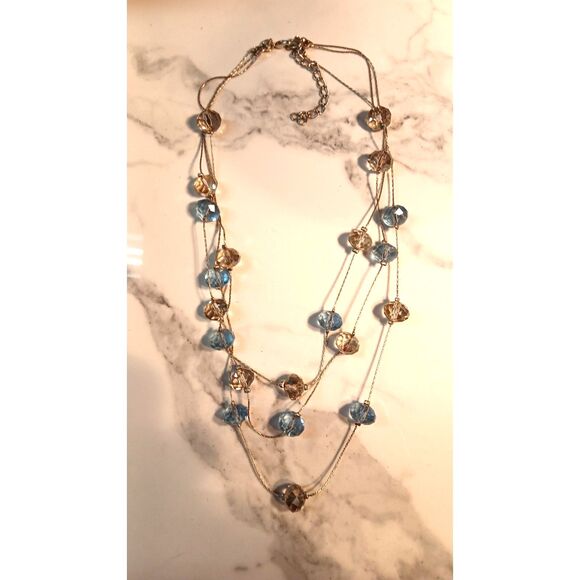 Elegant Silver-Tone Metal Layered Necklace with Chain Smoky and Blue Crystals - Picture 7 of 10